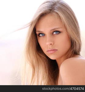 Portrait close up of young beautiful blonde woman