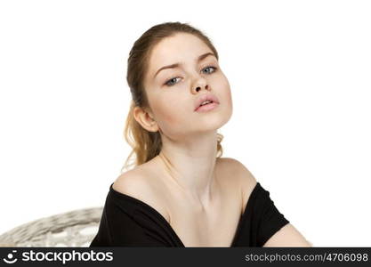 Portrait close up of young beautiful blonde woman, isolated on white background