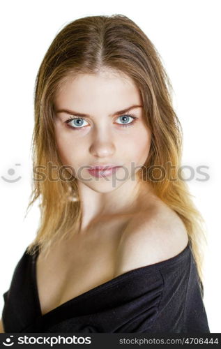 Portrait close up of young beautiful blonde woman, isolated on white background