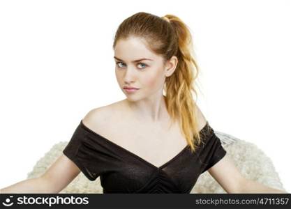 Portrait close up of young beautiful blonde woman, isolated on white background