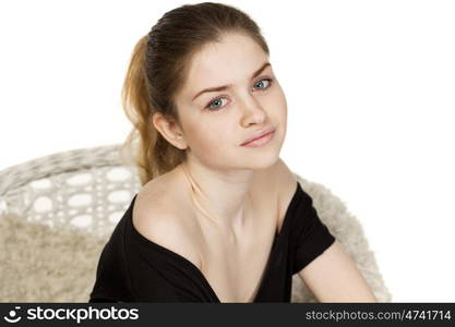 Portrait close up of young beautiful blonde woman, isolated on white background