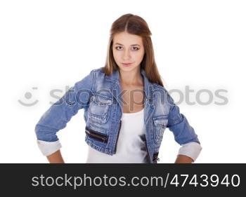 Portrait close up of young beautiful girl in blue jeans jacket