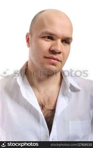 Portrait closeup bald man in a white shirt. Isolated on white background