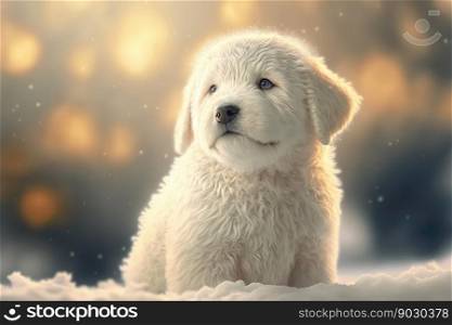 Portrait cute dog  golden retriever  baby puppy playing in winter snow , Generative Ai