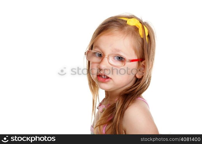 Portrait cute little girl in glasses studio shot isolated on white background
