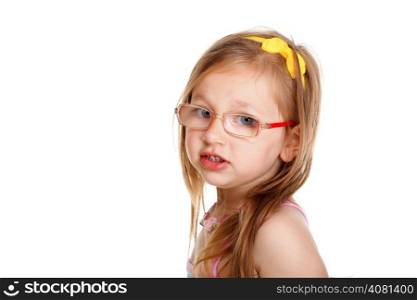 Portrait cute little girl in glasses studio shot isolated on white background