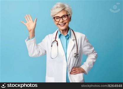Portrait doctor senior woman say hi and  looking at camera while standing isolated over blue background , Doctor woman wearing stethoscope and medical coat , Generate Ai