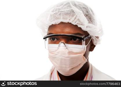 Portrait face of a handsome man dressed as doctor physician scientist surgeon or working in the food industry, with mouth and hair cap for hygiene, isolated.