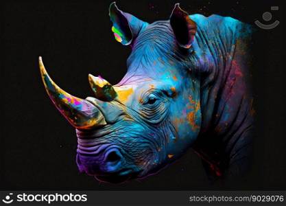 Portrait face of an rhinoceros with colorful paint. Generative AI. High quality illustration. Portrait face of an rhinoceros with colorful paint. Generative AI