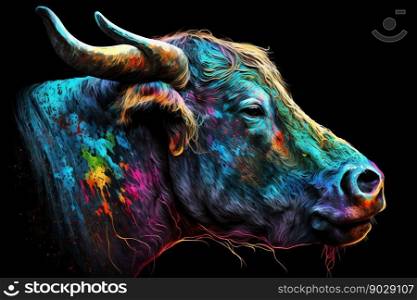 Portrait face of bull with colorful paint. Generative AI. High quality illustration. Portrait face of bull with colorful paint. Generative AI