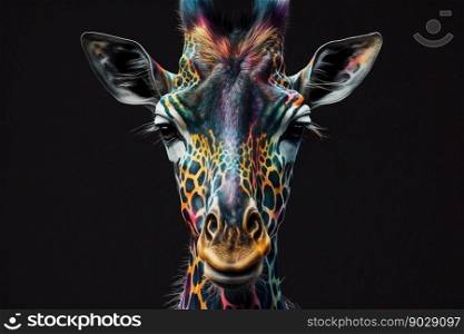 Portrait face of giraffe with colorful paint. Generative AI. High quality illustration. Portrait face of giraffe with colorful paint. Generative AI