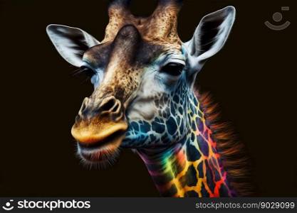 Portrait face of giraffe with colorful paint. Generative AI. High quality illustration. Portrait face of giraffe with colorful paint. Generative AI