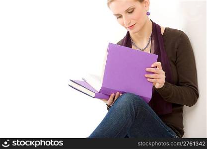 Portrait fashion woman read book on white background