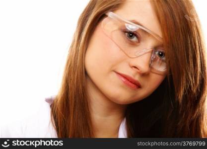 Portrait female chemist using glasses isolated over a white background