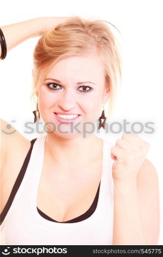 Portrait, femininity concept. Studio shot of beautiful young blonde woman with strong eye makeup and hand in hair, isolated,. Portrait of beautiful young blonde woman, isolated