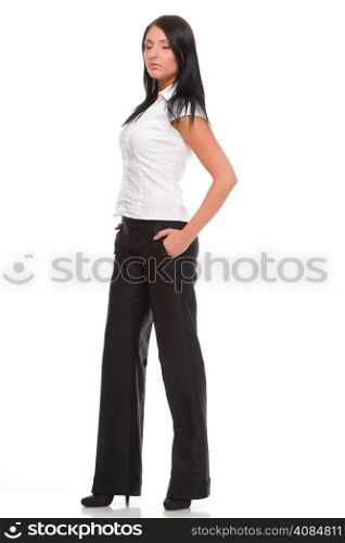 Portrait full lenght young business woman standing against white background