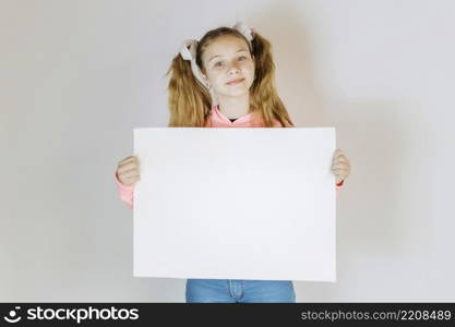 portrait girl holding blank white cardboard paper