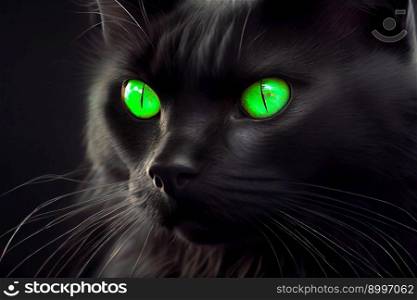 portrait green portrait of black cat with beautiful green eyes.  Generative AI 