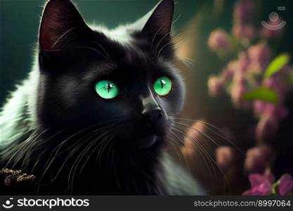 portrait green portrait of black cat with beautiful green eyes.  Generative AI
