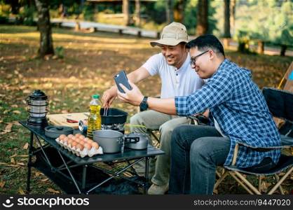 Portrait happy Asian man friends Making a video call with smartphone in camping. Cooking set front ground. Outdoor cooking, traveling, camping, lifestyle concept.