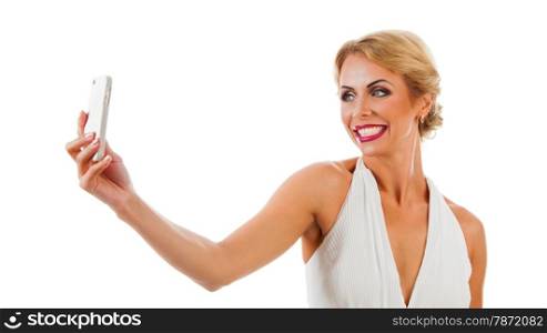 Portrait happy beautiful young woman taking selfie shot. Isolated on white background
