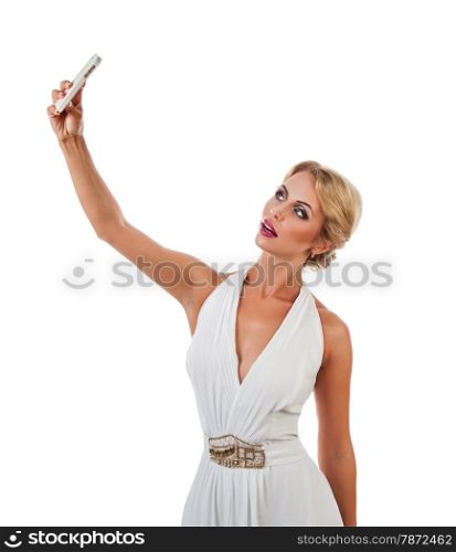 Portrait happy beautiful young woman taking selfie shot. Isolated on white background