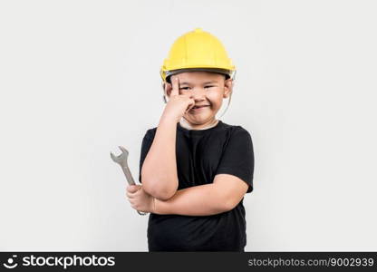 Portrait Happy boy wearing engineer hat