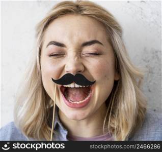 portrait happy laughing woman with mustaches