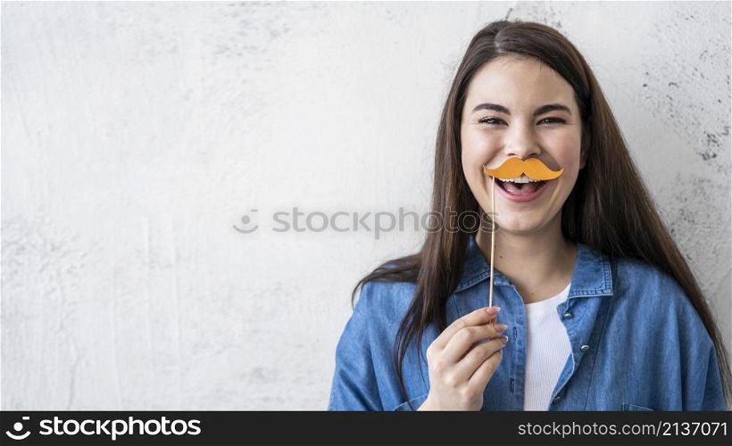 portrait happy woman laughing with mustache