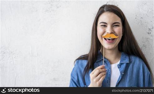 portrait happy woman laughing with mustache