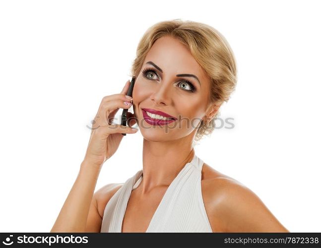 Portrait happy young woman talking on mobile phone. Isolated on white background