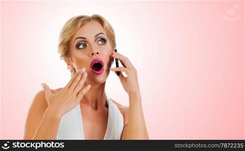 Portrait happy young woman talking on mobile phone on color background