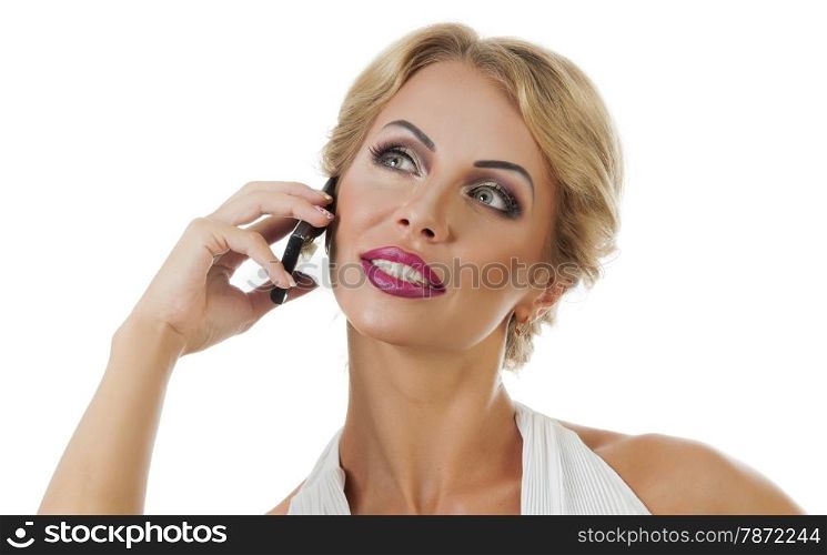 Portrait happy young woman talking on mobile phone on color background