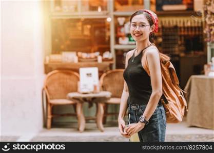 Portrait hipster Asian teen summer dressing walking in shopping street happy smile