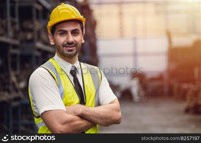 Portrait Hispanic Latin male engineer worker factory staff standing smile looking camera with space for text