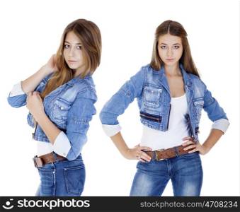 Portrait in full growth the young girl in a jacket and blue jeans, isolated on white