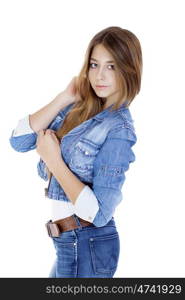 Portrait in full growth the young girl in a jacket and blue jeans, isolated on white