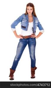Portrait in full growth the young girl in a jacket and blue jeans, isolated on white