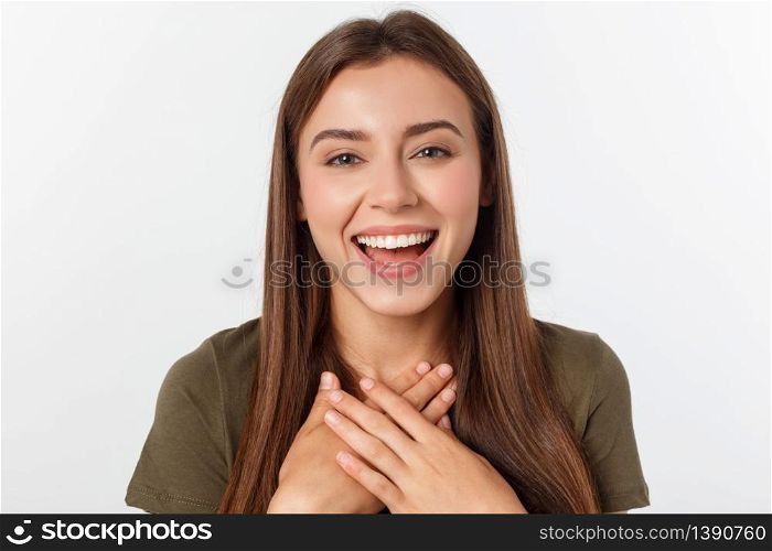 Portrait joyful outgoing woman likes laugh out loud not hiding emotions giggling chuckling facepalm close eyes smiling broadly white background.. Portrait joyful outgoing woman likes laugh out loud not hiding emotions giggling chuckling facepalm close eyes smiling broadly white background