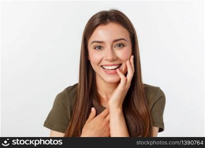 Portrait joyful outgoing woman likes laugh out loud not hiding emotions giggling chuckling facepalm close eyes smiling broadly white background.. Portrait joyful outgoing woman likes laugh out loud not hiding emotions giggling chuckling facepalm close eyes smiling broadly white background