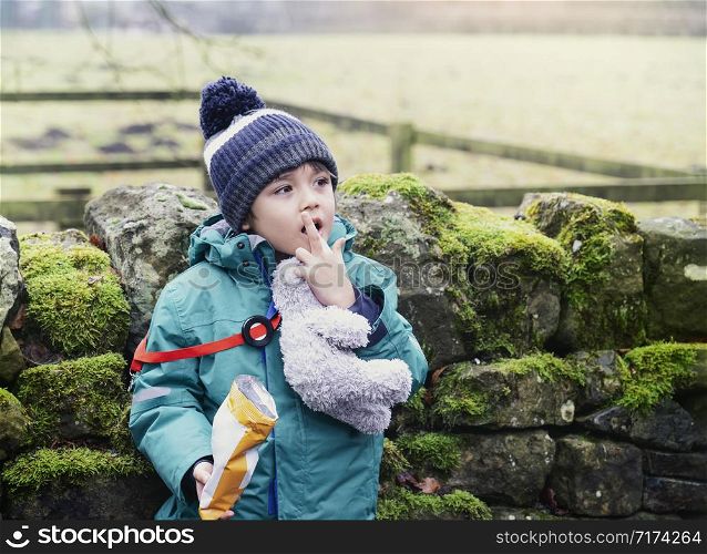 Portrait kid eating crisps while walking at farmalnd, Cute little boy eating snack or picnic food in the park, Outdoor activity with school camp concept