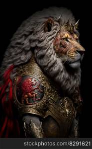 Portrait Lion Knight in Full red Armor. Portrait Lion Knight in Full red Armor AI Generated