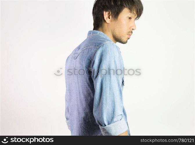 Portrait Man in Jeans Shirt or Denim Shirt Fashion in Side and Back View. Jeans shirt or denim shirt fashion for men on grey background