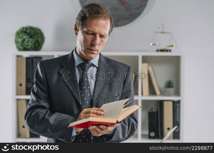 portrait mature lawyer reading book courtroom