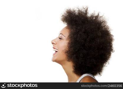 Portrait of a african american woman laughing, isolated on white background