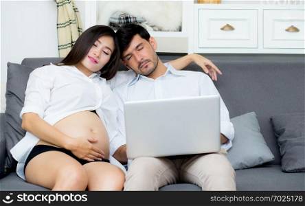 Portrait of a asian young couple husband and wife sitting on the sofa while using notebook computer in living room.