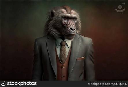 Portrait of a baboon dressed in a formal business suit, generative ai