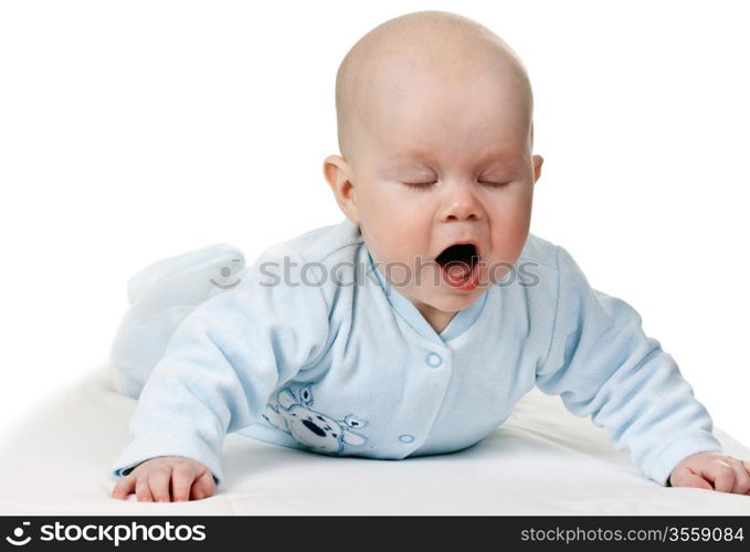 portrait of a baby, happy with his mouth open and eyes closed on a white background