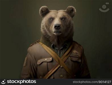 Portrait of a bear in a military uniform ready to serve and protect, soldier, on a dark background, generative ai