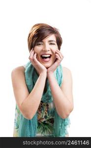 Portrait of a beautiful and happy woman laughing with a modern hair cut, isolated on white background